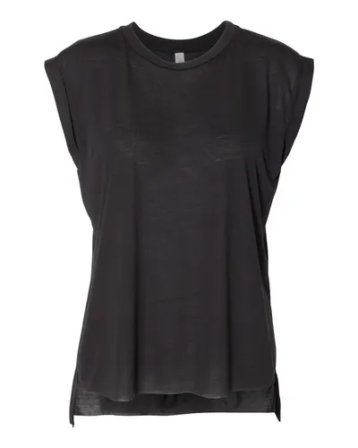 BELLA + CANVAS BELLA + CANVAS Women’s Flowy Rolled Cuffs Muscle Tee in Black, front view