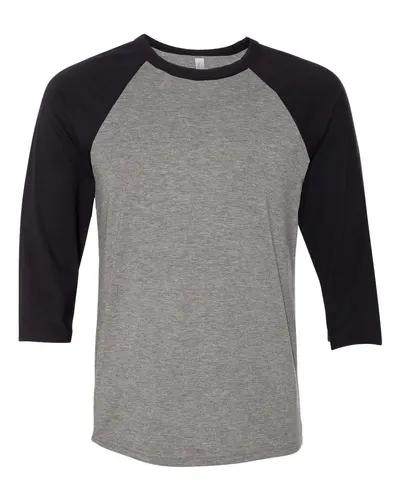 BELLA + CANVAS BELLA + CANVAS Unisex Three-Quarter Sleeve Baseball Tee in Deep Heather/ Black, front view
