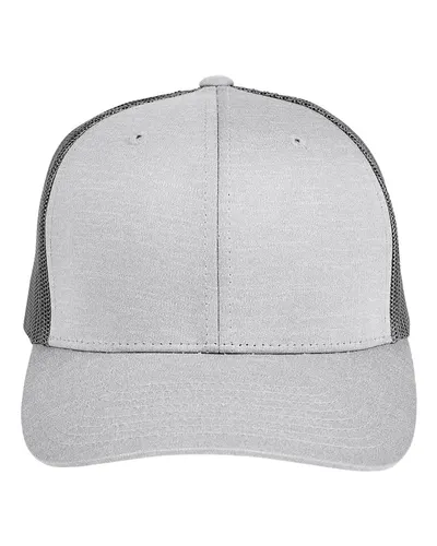 Team 365 Team 365 Zone Performance Trucker Cap by Yupoong in Athletic Heather/ Sport Graphite, front view