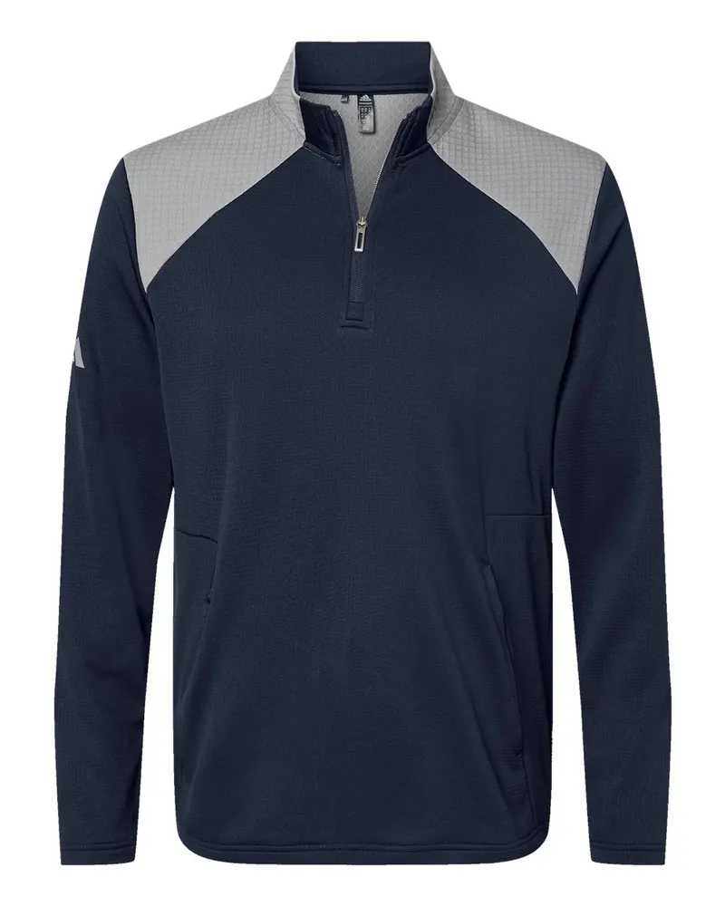 Adidas Adidas Men's Textured Mixed Media Quarter-Zip Pullover — Collegiate Navy/ Grey Three