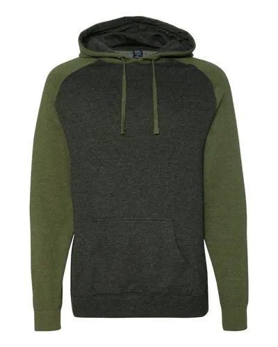 Independent Trading Co. Independent Trading Co. Unisex Raglan Hooded Sweatshirt in Charcoal Heather/ Army Heather, front view