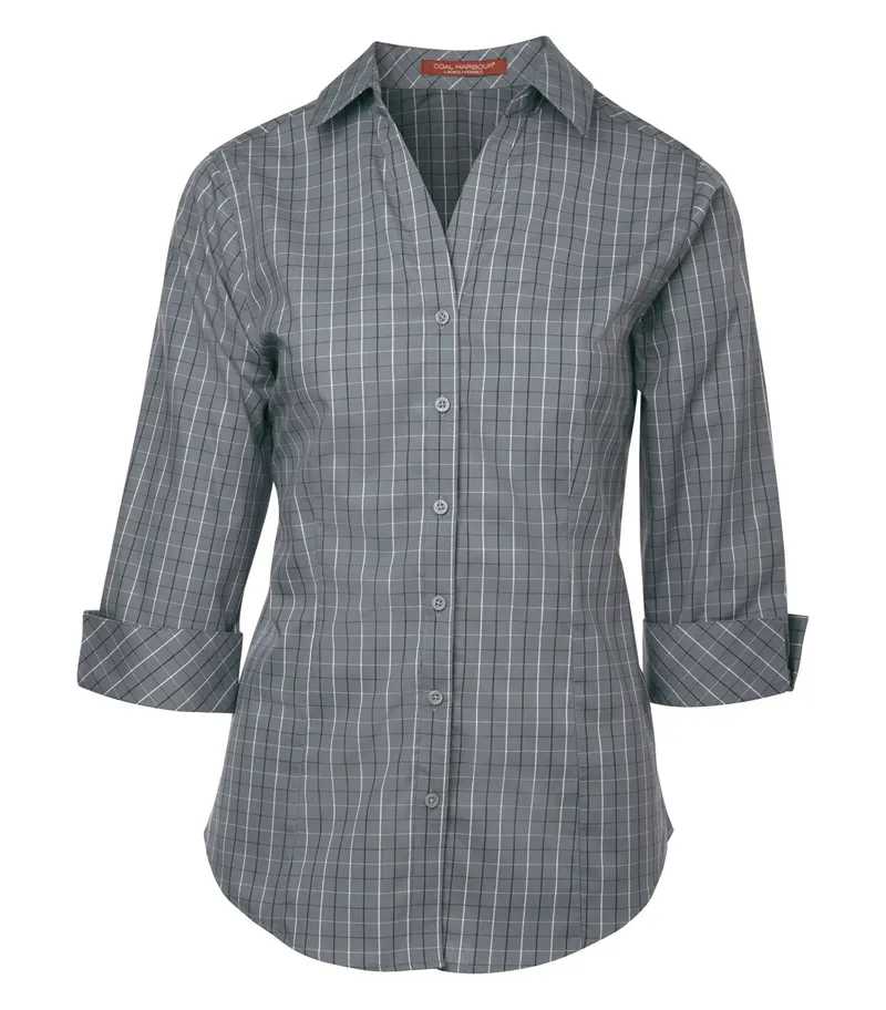 Coal Harbour® COAL HARBOUR® TATTERSALL CHECK WOVEN LADIES' SHIRT — Grey/White