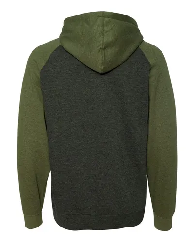 Independent Trading Co. Independent Trading Co. Unisex Raglan Hooded Sweatshirt in Charcoal Heather/ Army Heather, back view