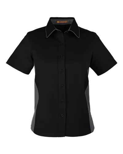 Harriton Harriton Women's Flash IL Colorblock Shirt in Black/ Dark Charcoal, front view