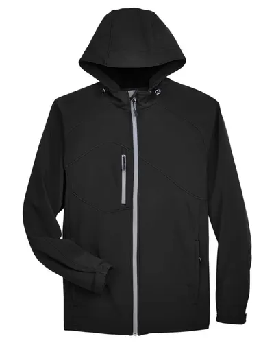 North End North End Men's Prospect Two-Layer Fleece Bonded Soft Shell Hooded Jacket in Black, front view