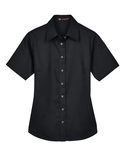 Harriton Harriton Women's Easy Blend™ Short Sleeve Twill Dress Shirt with Stain-Release in Black, front view