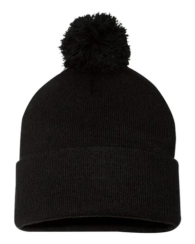 Sportsman Sportsman 12" Pom-Pom Cuffed Beanie in Black, back view