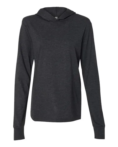 BELLA + CANVAS BELLA + CANVAS Unisex Jersey Hooded Long Sleeve Tee in Charcoal Black Triblend, front view