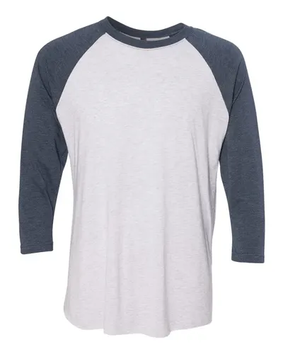Next Level Next Level Unisex Triblend Three-Quarter Raglan Tee in Indigo Sleeves/ Heather White Body, front view