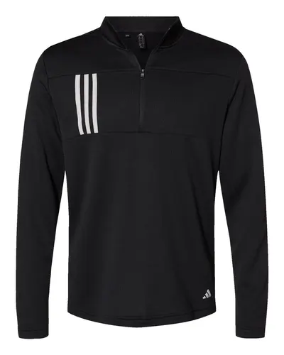 Adidas Adidas Men's 3-Stripes Double-Knit Quarter-Zip Pullover in Black/ Grey Two, front view