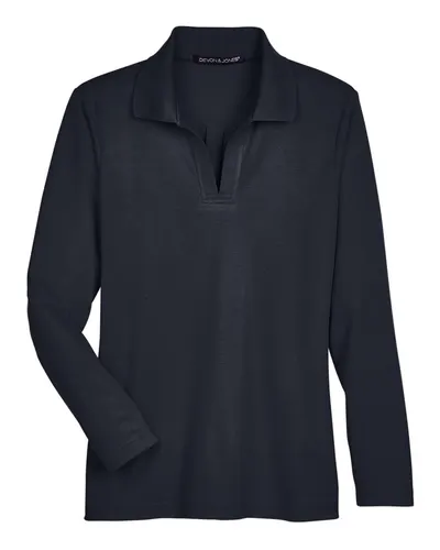 Devon & Jones Devon & Jones Women's CrownLux Performance® Plaited Long Sleeve Polo in Black, front view