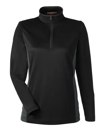 Harriton Harriton Women's Flash Snag Protection Plus IL Colorblock Quarter-Zip Pullover in Black/ Dark Charcoal, front view
