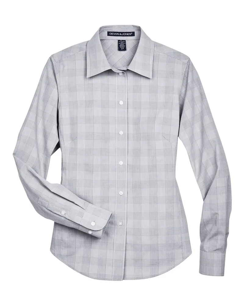 Devon & Jones Devon & Jones Women's Crown Collection® Glen Plaid Woven Dress Shirt — White/ Graphite/ Light Grey