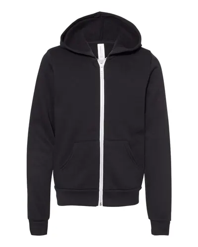 BELLA + CANVAS BELLA + CANVAS Youth Sponge Fleece Full-Zip Hoodie Sweatshirt in Black, front view